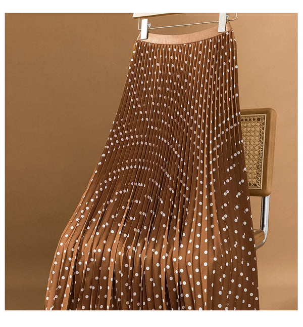 Polka Dot Pleated Long Elastic High Waisted Slim Skirt