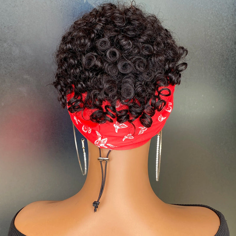 short pixie cut spiral curl with hedband  human hair wig