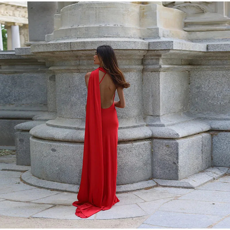 Elegant Solid Ribbon Off Shoulder Sleeveless Backless Slim Dress