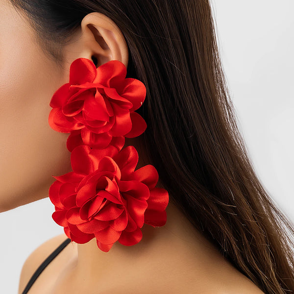 Salircon Bohemian Red Big Flower Drop Earrings Vintage