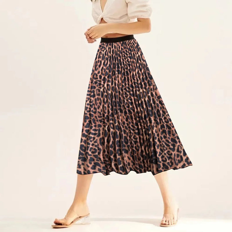 Printed elastic mid length A-line pressed pleated skirt