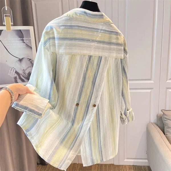 Cotton and Linen Contrasting Striped Long-sleeved Shirt Chic Top