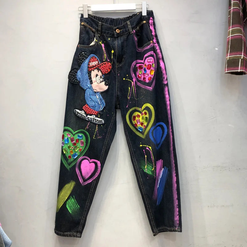 Fashion Graffiti Cartoon Beading Women Jeans