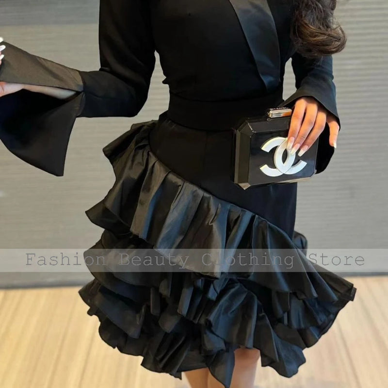 Elegant Cocktail Dresses Black Satin Ruffles