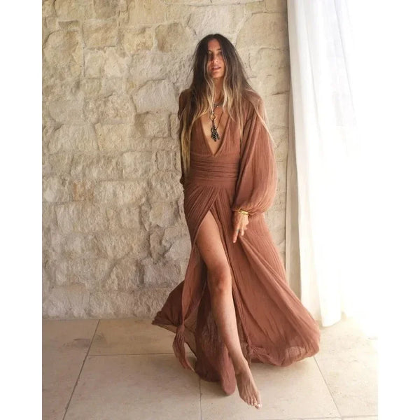 Spring Autumn Lantern Sleeve Holiday V-neck Split Dress