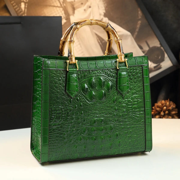 Leather Real Bamboo Crocodile Pattern Handbag