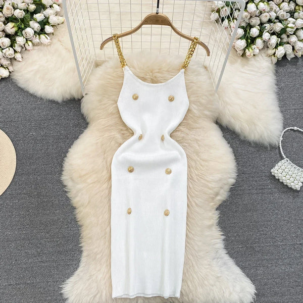 Casual Chain Slip Sleeveless Elastic Knit Bodycon Dress