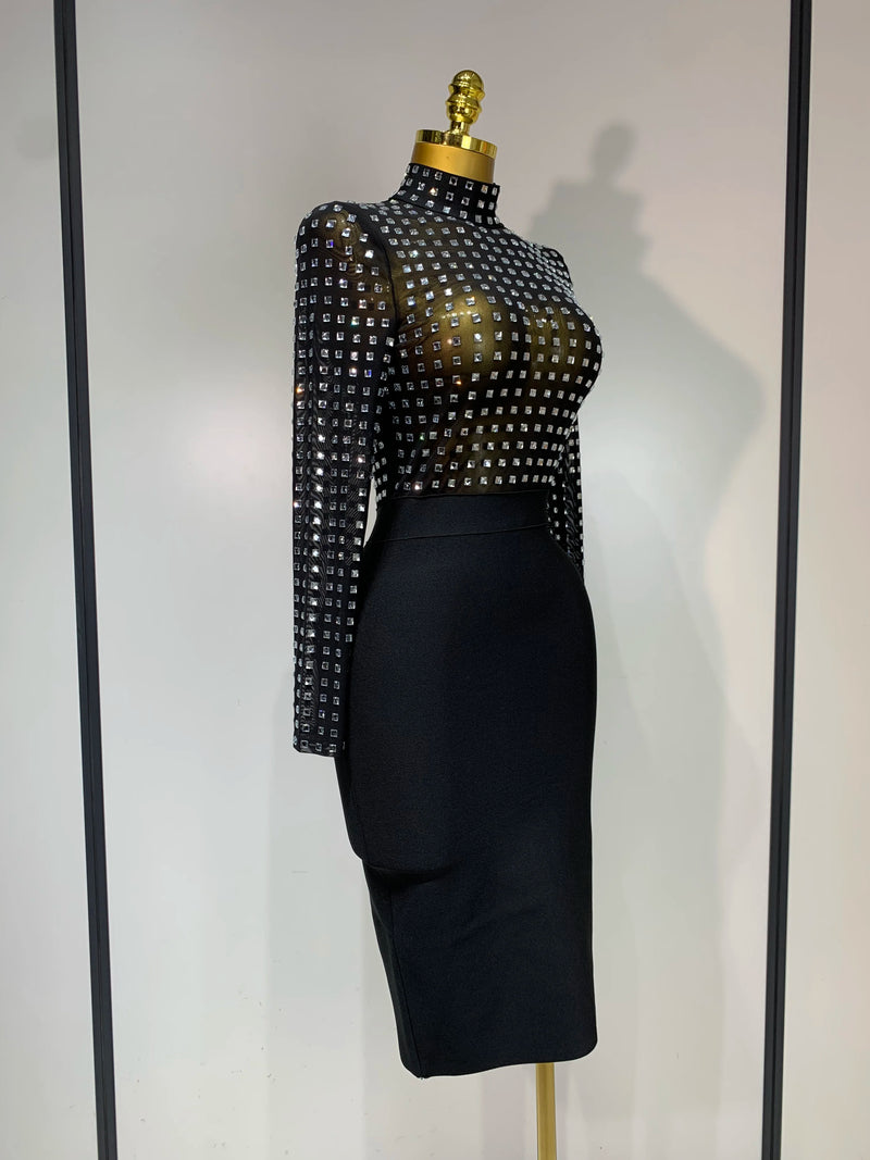 Elegant Turtleneck Rhinestones Black Mesh Bodycon Bandage Dress