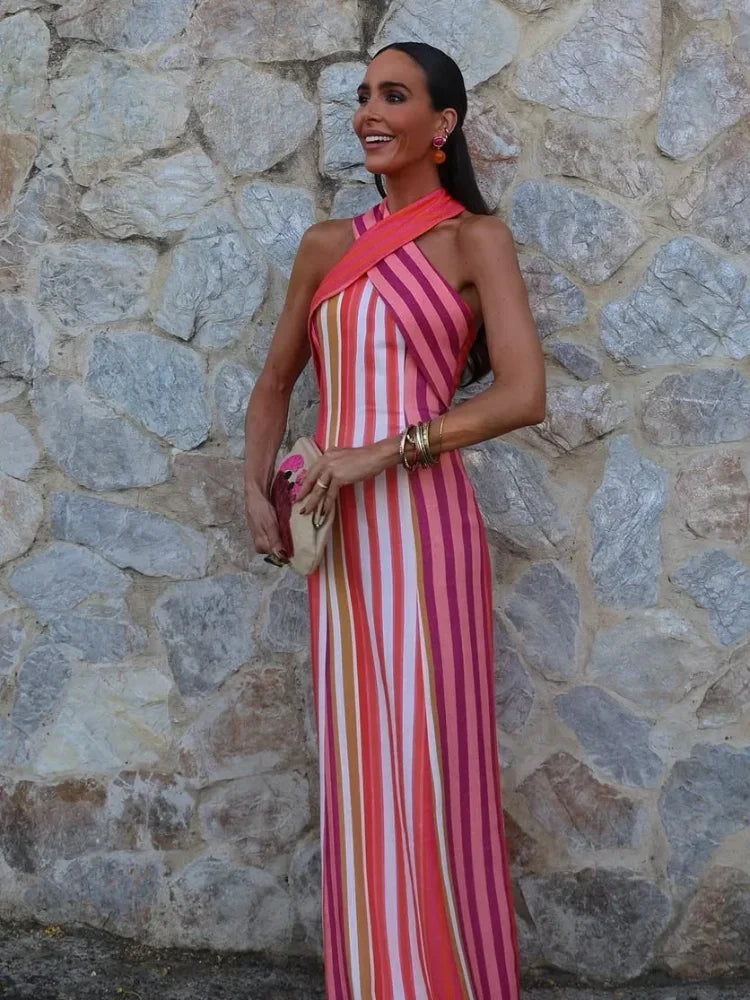 Contrast Striped Halte Off Shoulder Sleeveless Backless Slim Dress