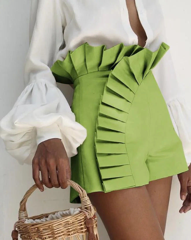 Solid Color Ruffled Ruched High Elastic Waist Shorts