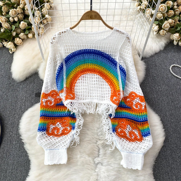 Embroidery Rainbow Crochet Top Sheer Openwork Pullover