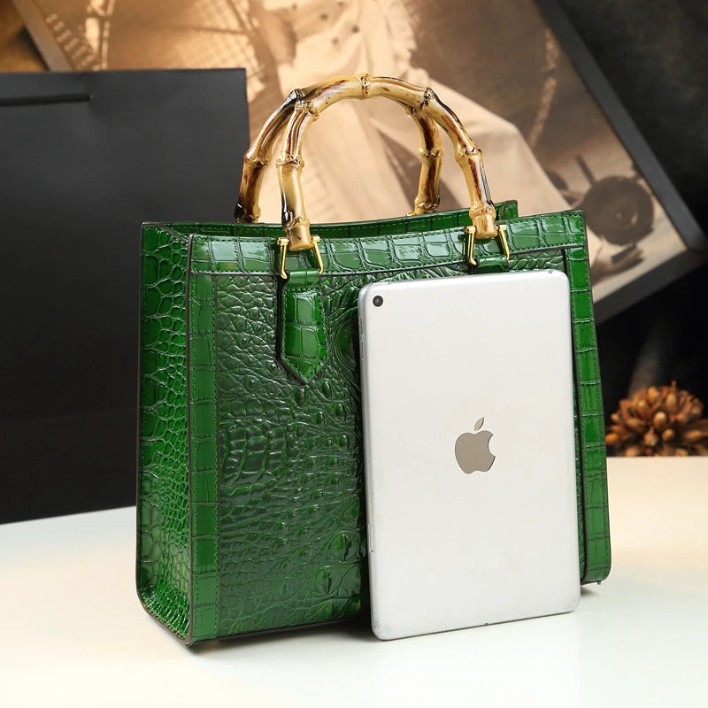 Leather Real Bamboo Crocodile Pattern Handbag