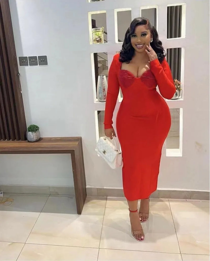 Long Sleeve Square Collar Rhinestones Bodycon Bandage Dress