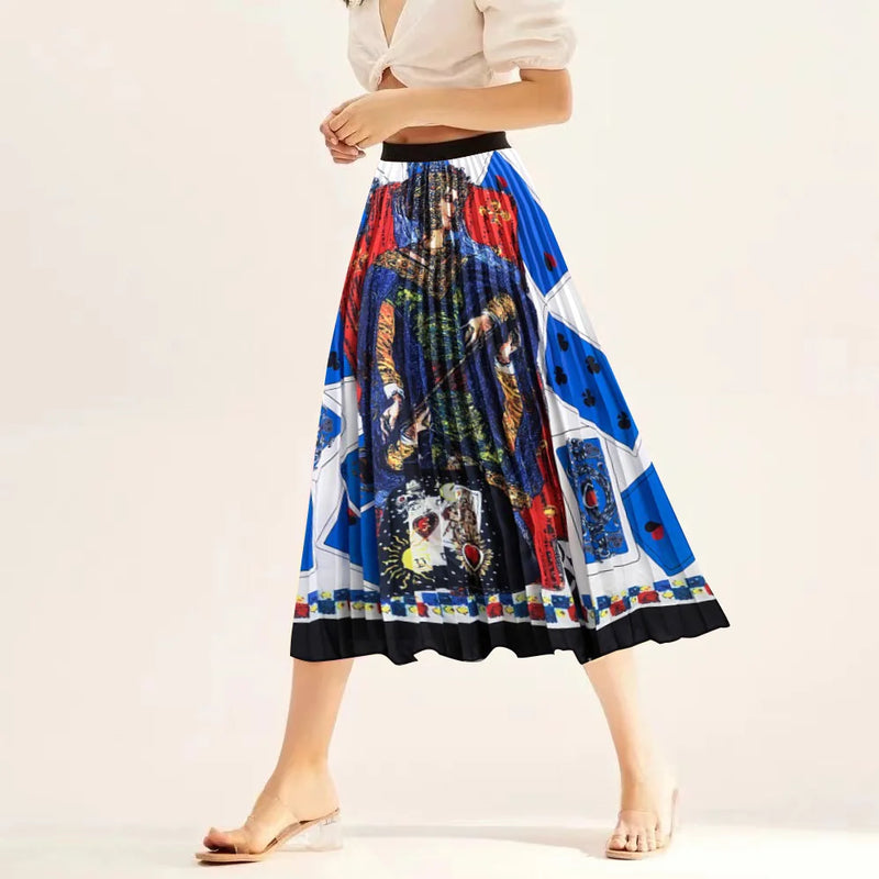 Printed elastic mid length A-line pressed pleated skirt