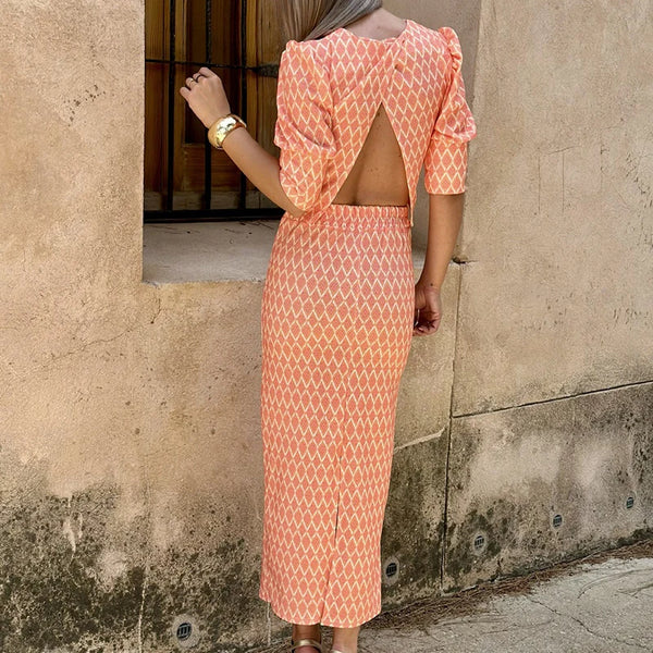 Chic Geometry Print Puff Sleeve Top+Dress Set