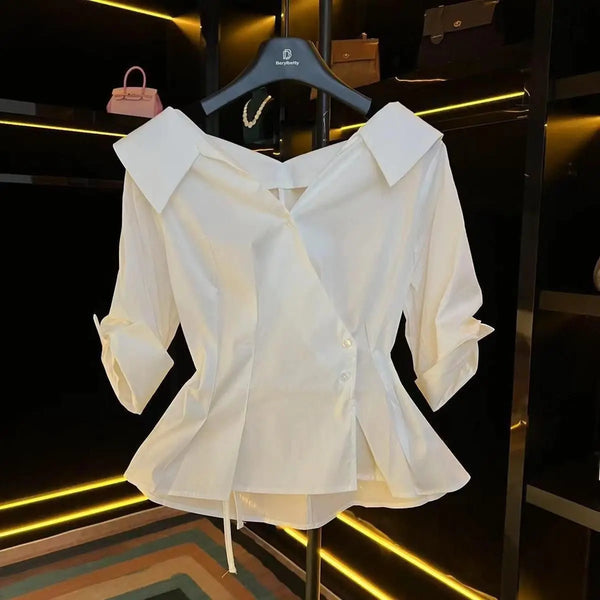 Elegant Short Sleeve V-Neck Shirt Slim High Waist Side Buckle Tops