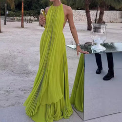 Elegant O-neck Sleeveless & Long Skirt Set Sexy Backless Hollow Out Solid Loose 2Pc