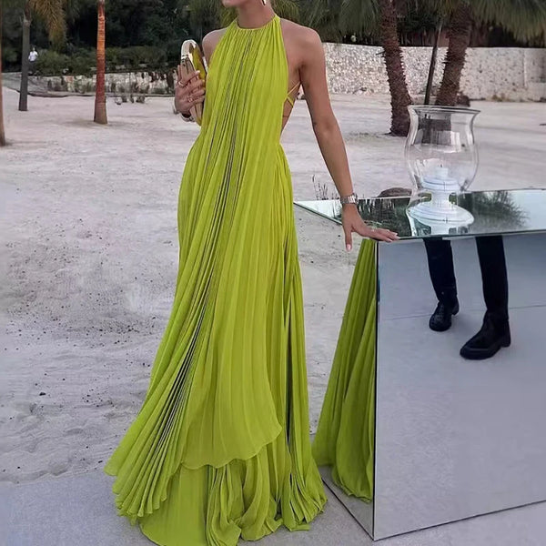 Elegant O-neck Sleeveless & Long Skirt Set Sexy Backless Hollow Out Solid Loose 2Pc