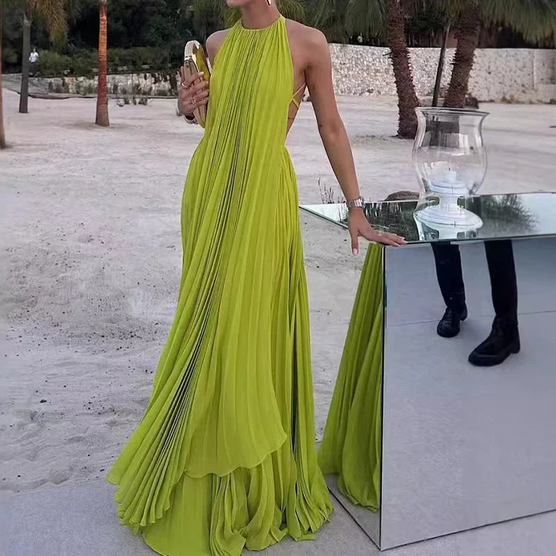 Elegant O-neck Sleeveless & Long Skirt Set Sexy Backless Hollow Out Solid Loose 2Pc