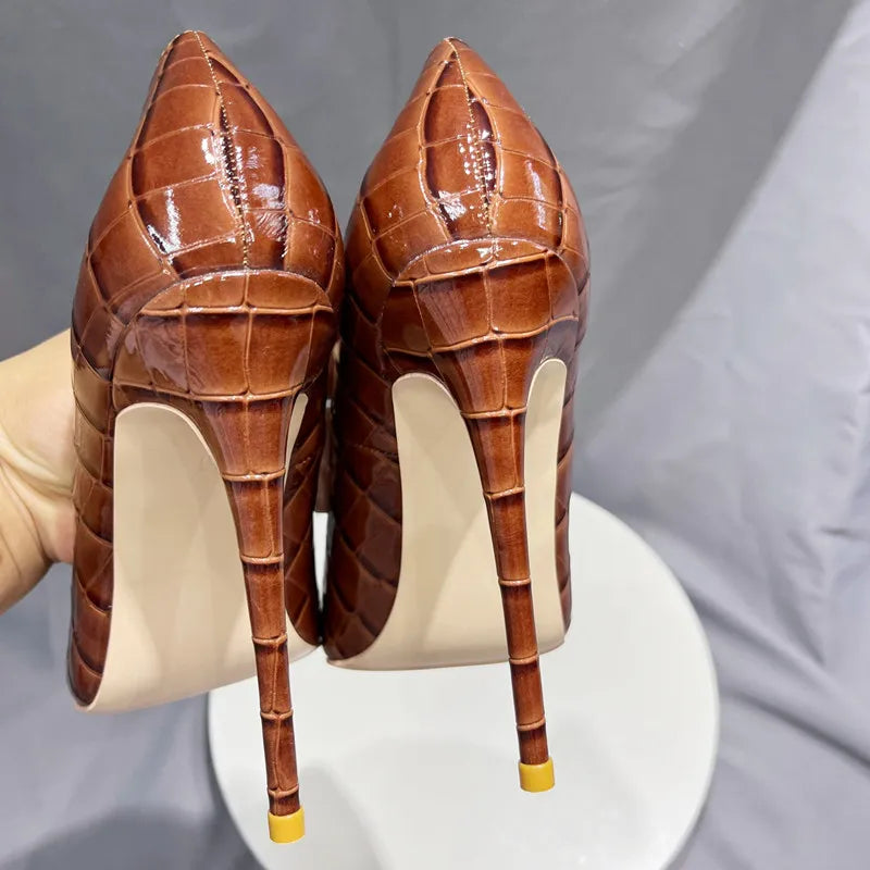 Tikicup Brown Crocodile Effect Pointy Toe High Heel