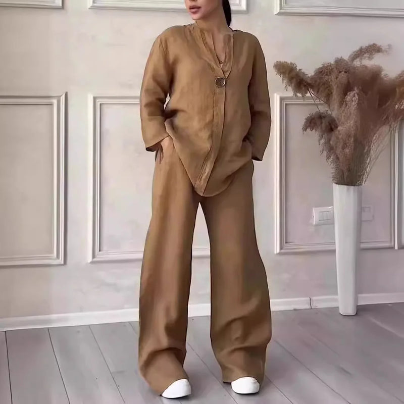 Cotton Linen Long Sleeve Button Loose Blouse Shirt & High Elastic Wide Leg Loose Pant