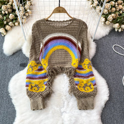 Embroidery Rainbow Crochet Top Sheer Openwork Pullover