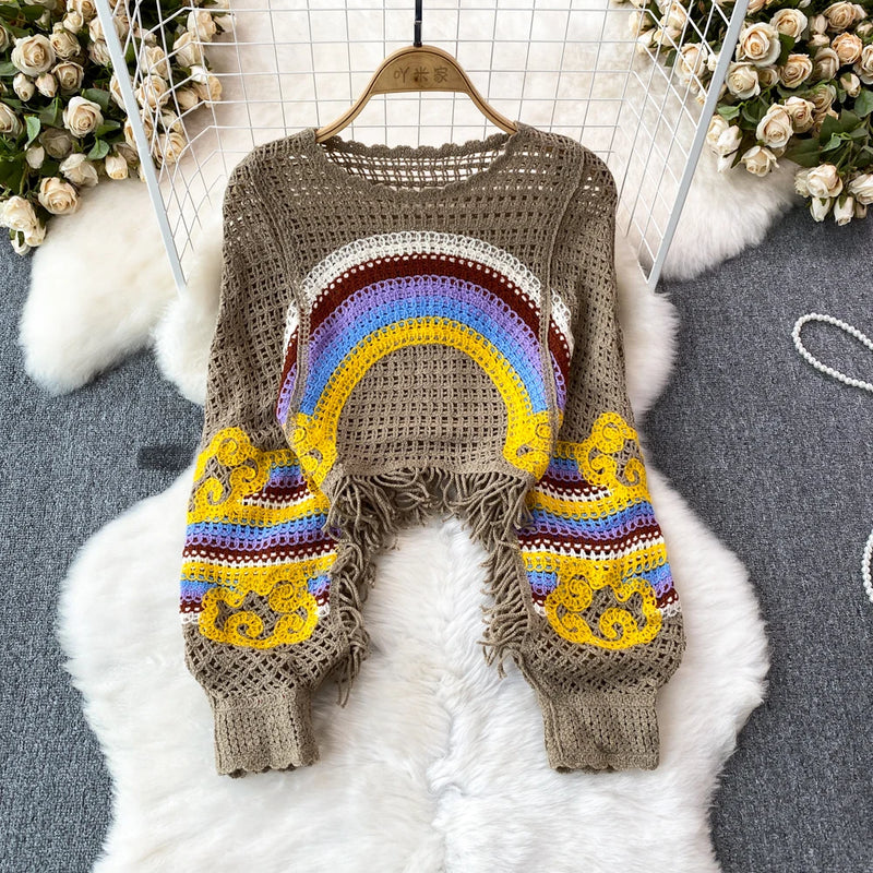 Embroidery Rainbow Crochet Top Sheer Openwork Pullover