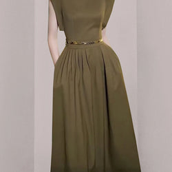 Elegant Long O Neck Sleeveless Pockets Slim Waist Dress With Belt