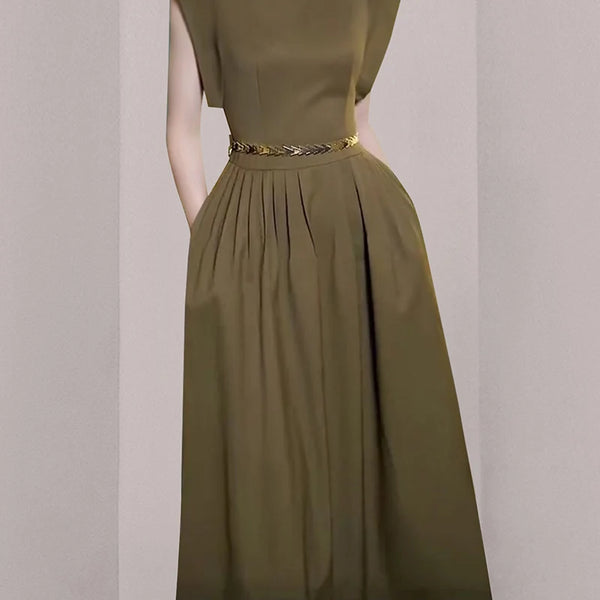Elegant Long O Neck Sleeveless Pockets Slim Waist Dress With Belt