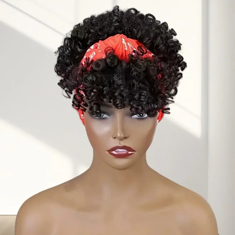 Burgundy Short Curly Headband Wig 100% Human Hair Pixie Cut Wig