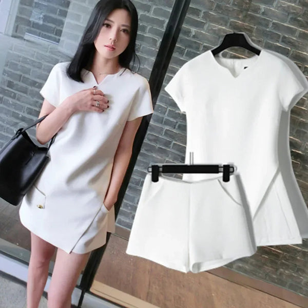 White Black Suit Split Shirt and Shorts Summer Two-piece