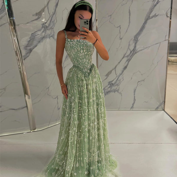 Elegant Sage Green Luxury Arabic Evening Dress