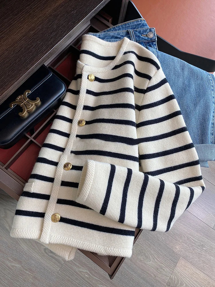 Stripe Knitted Cardigans O-neck Single Breasted Long Sleeve Crop Top