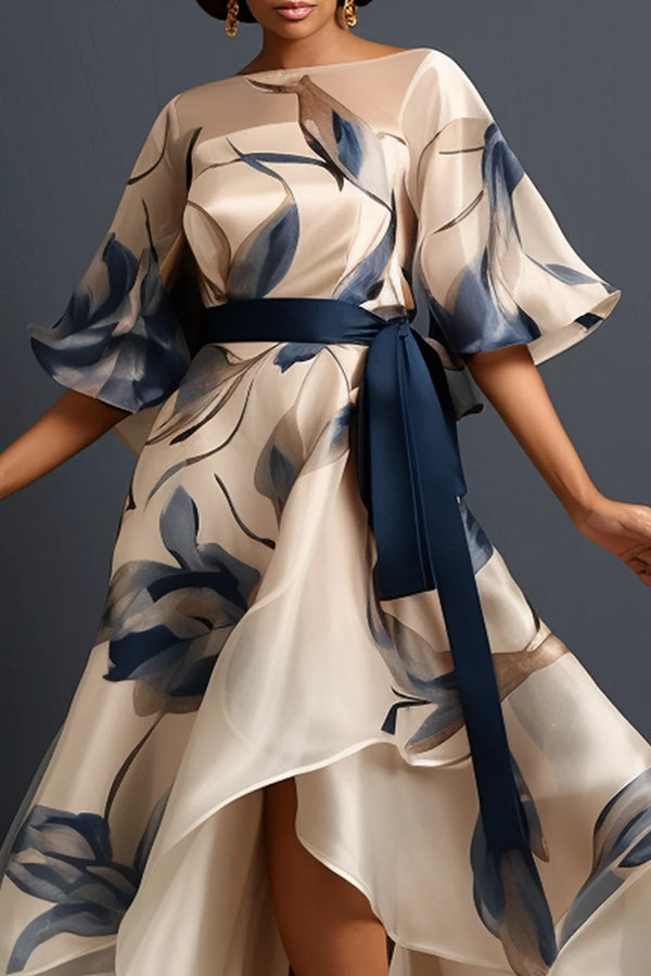 Beige Floral Round Neck Half Sleeve Organza Dress