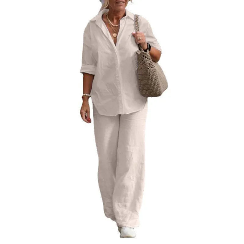 Cotton Linen Long Sleeve Blouse Shirts & High Elastic Wide Leg Trousers Suits