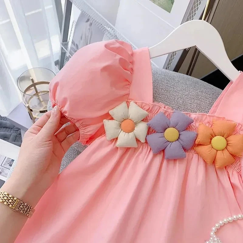 Elegant Puff Sleeves Flowers Dress 1-9 Years Old