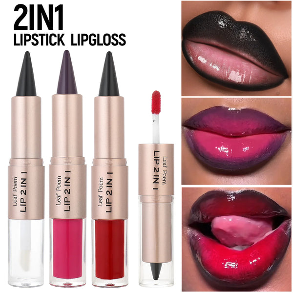 2 IN 1 Nude Brown Pink Mirror Lip Gloss Contour Pencil Matte Lipliner