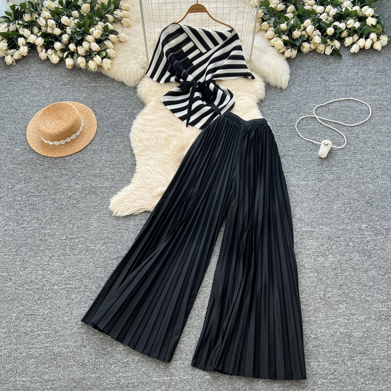Chic Striped Skew Collar Short Sleeve Tops + High Waist Pleated Wide Leg Pants