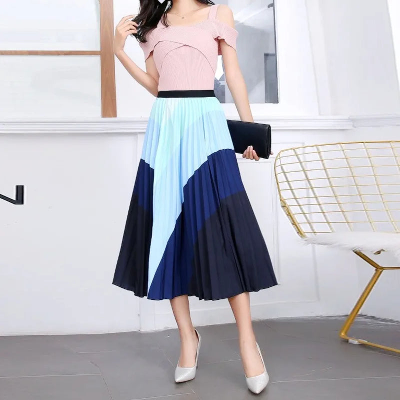 Cartoon Print Pleated Long High Waist A-Line Elastic Blue Pink Skirt