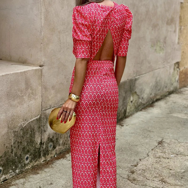 Chic Geometry Print Puff Sleeve Top+Dress Set