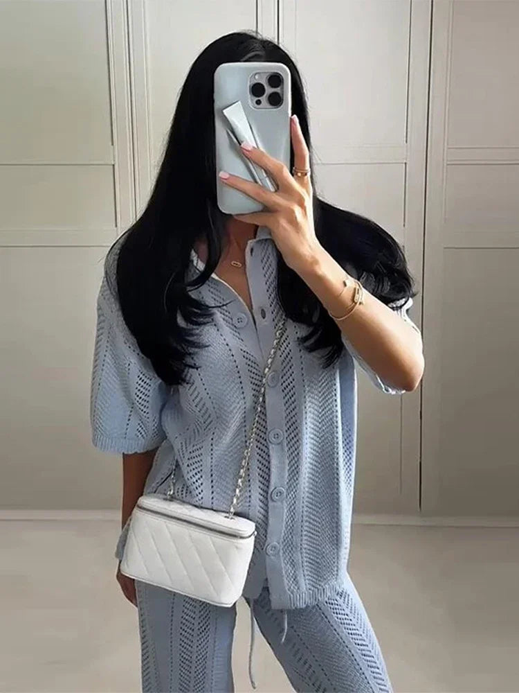 Tassels Knit Casual Single-breasted Short Sleeve Cardigan Lace Up Long Trousers