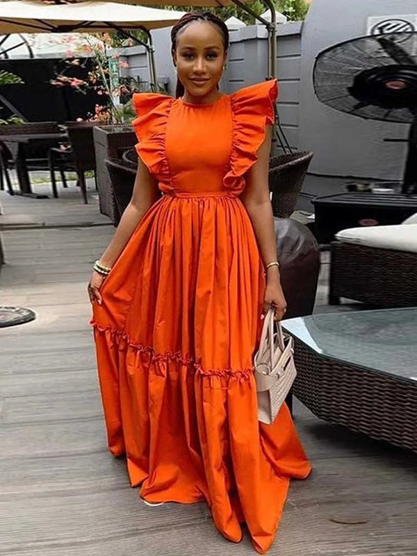 Long Summer Knitted Ruffle Sleeves Casual Orange Dress