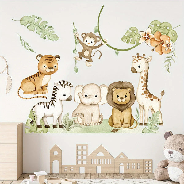 2pcs Cartoon Elephant Lion Monkey Leaves Wall Stickers for Kids Room
