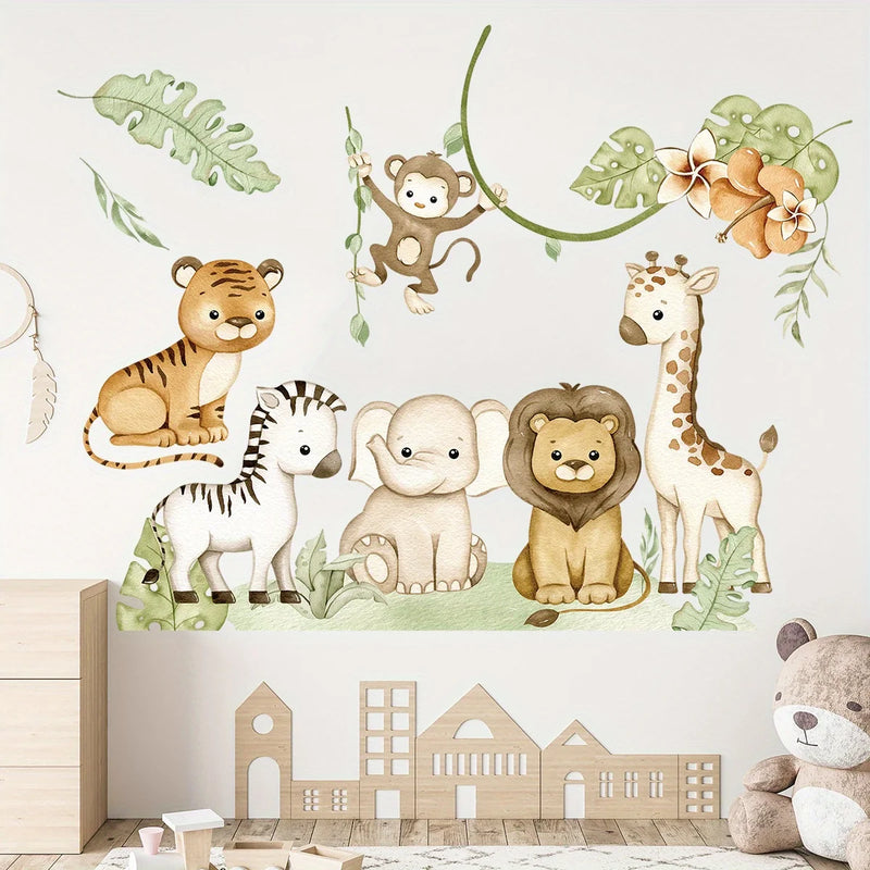 2pcs Cartoon Elephant Lion Monkey Leaves Wall Stickers for Kids Room