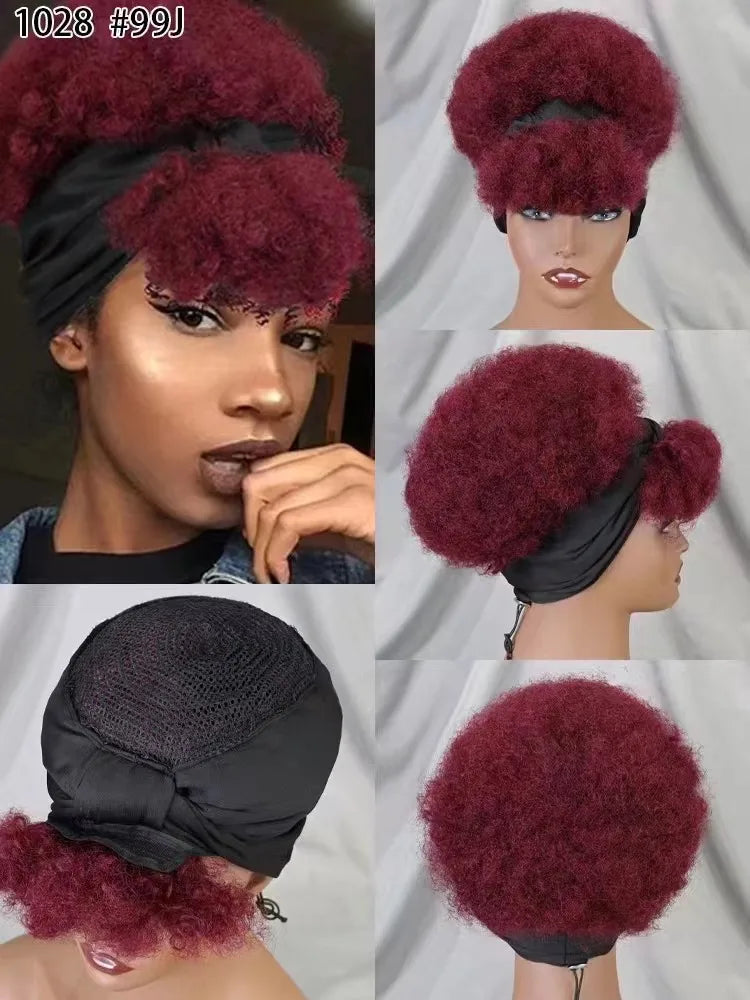 Afro Kinky Curly Scarf Wigs with Bangs Wig Bouncy Curly Human Hair Wig 200%