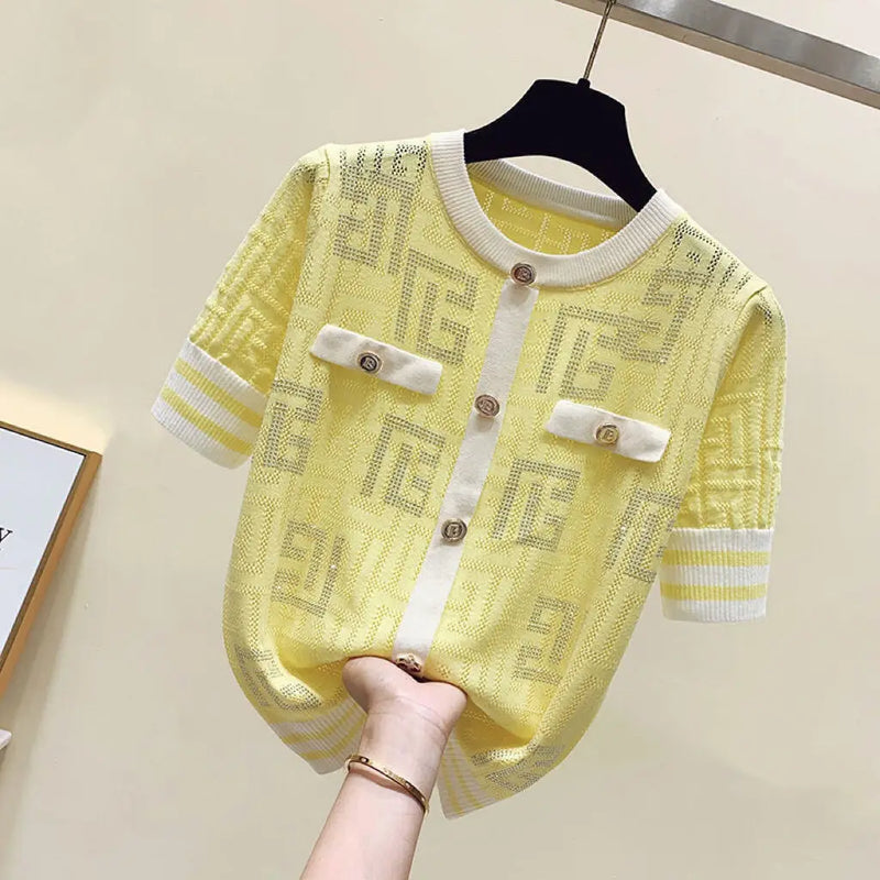 Short Sleeve Knitting Geometric Thin O-neck Pullover Top Tee