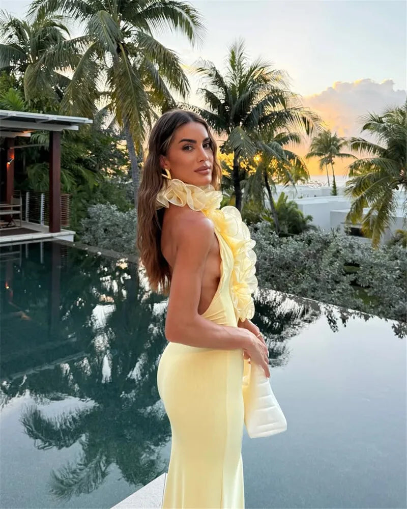 CAMINA Elegant Halter Sleeveless Backless Rose Deep V Neck Dress