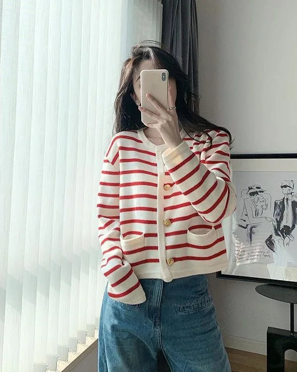 Stripe Knitted Cardigans O-neck Single Breasted Long Sleeve Crop Top