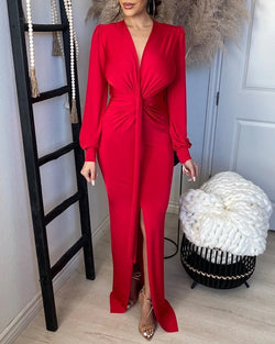 Elegant Deep V Neck Full Sleeve Long Dress