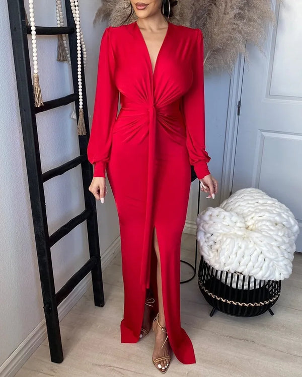 Elegant Deep V Neck Full Sleeve Long Dress